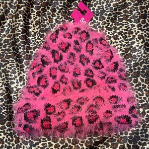 Fuzzy Pink and Black Cheetah Print Beanie